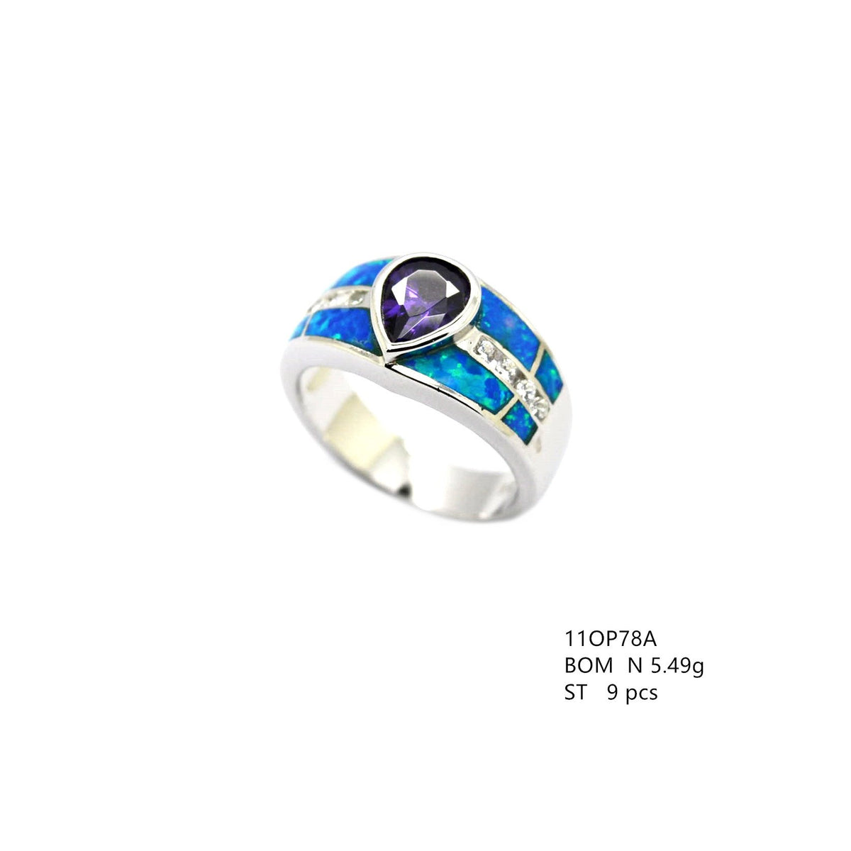 925 Sterling Silver Lab Grown Blue Opal with cz Amethyst drop shape rings-11op78-k5