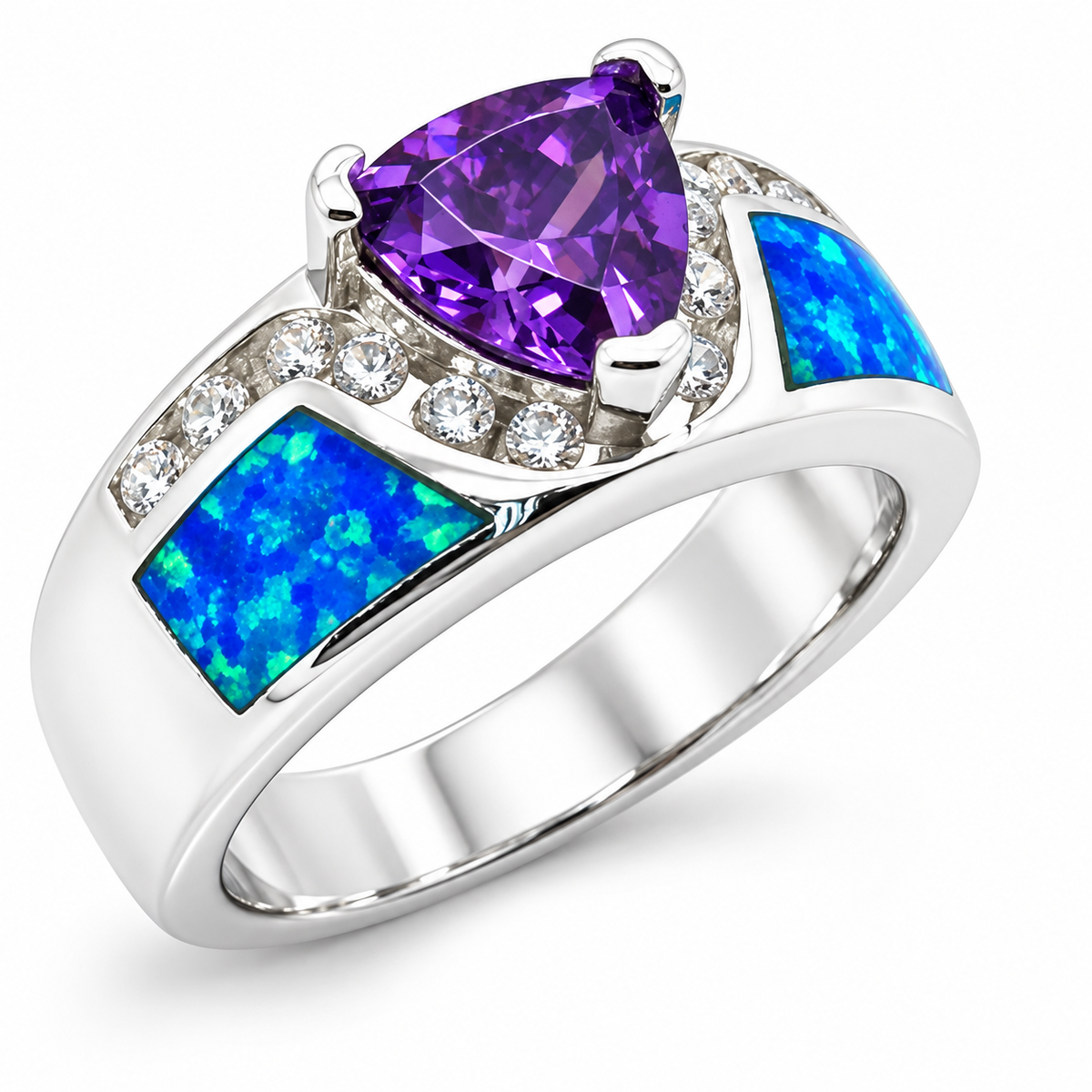 11OP79 sterling silver amethyst-purple CZ ring with blue opal