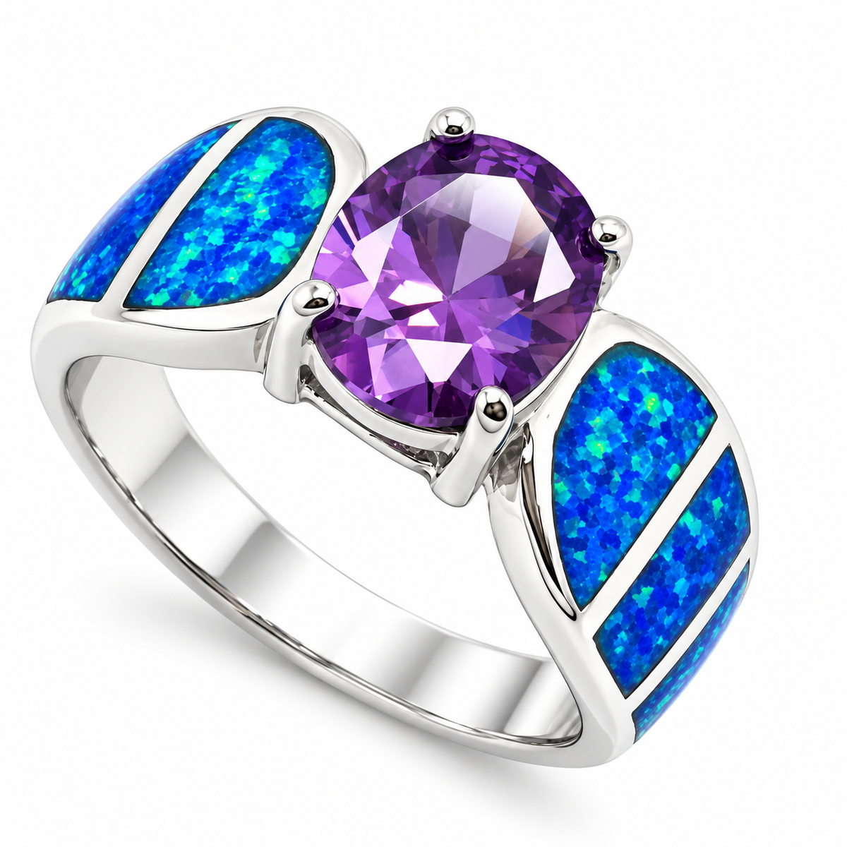 11OP95 sterling silver amethyst-purple CZ ring with blue opal
