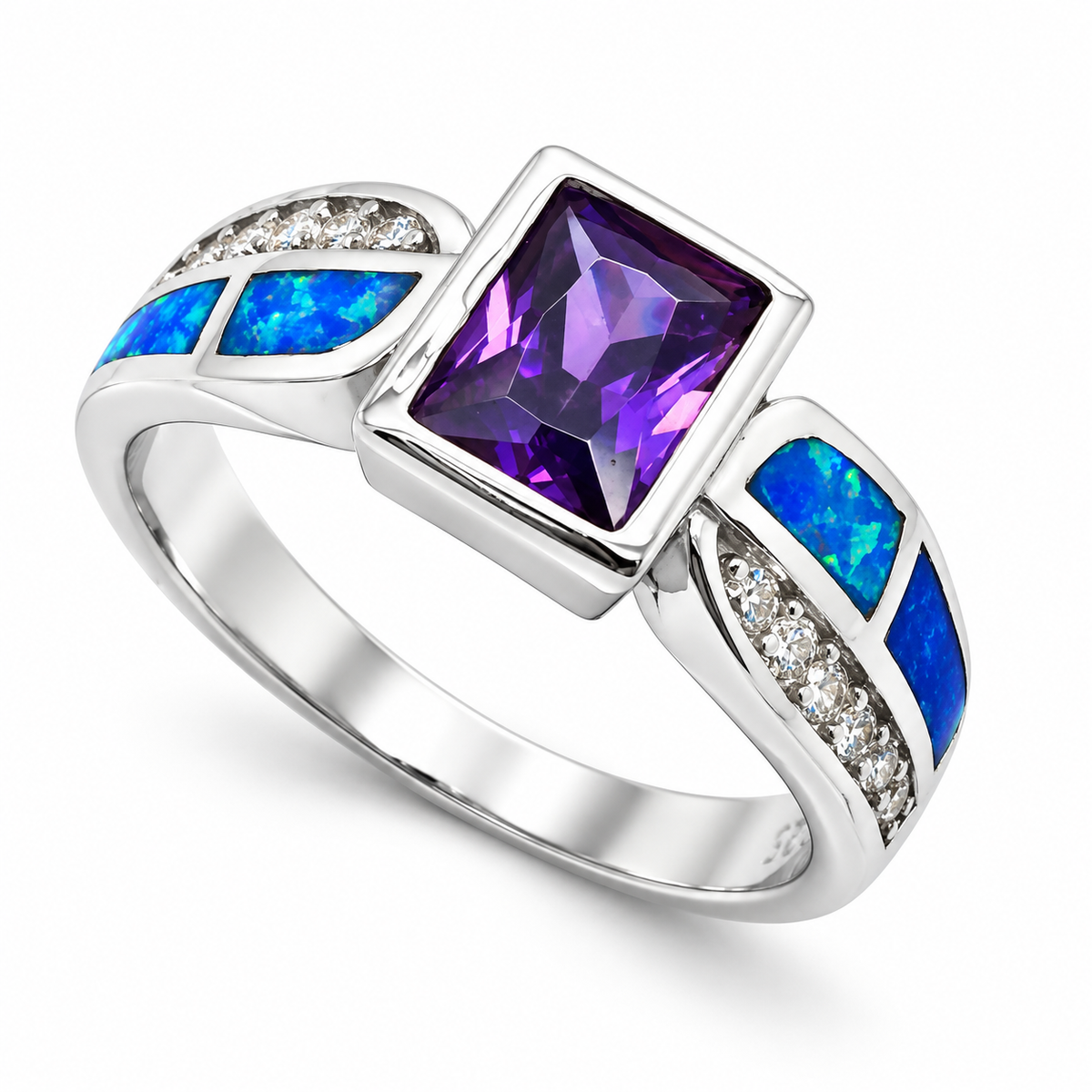 11OP97 sterling silver amethyst-purple CZ ring with blue opal