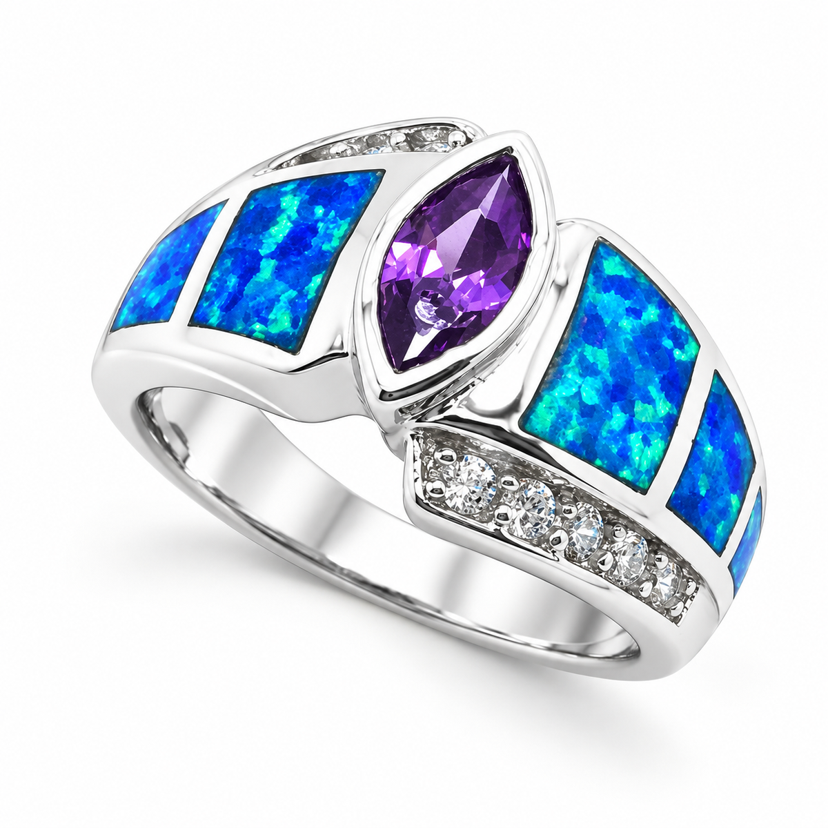 11OP98 sterling silver amethyst-purple CZ ring with blue opal