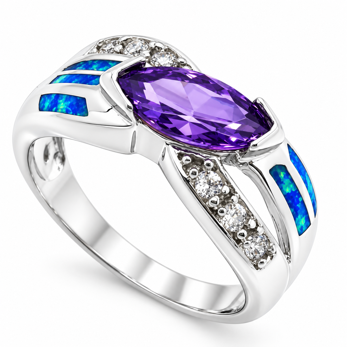 11OP99 sterling silver amethyst-purple CZ ring with blue opal