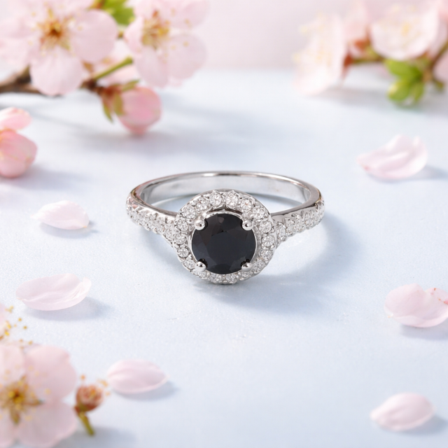 925 Sterling Silver lab created changing color Black Nano  ring,Halo style - 11CZ81-BK