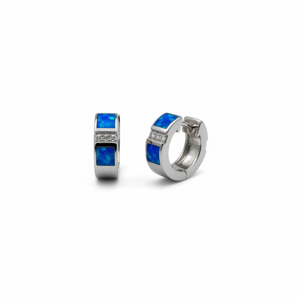 925 sterling silver Lab Grown inlaid Blue Opal Huggies wcz  hoop Earrings -22144-k5