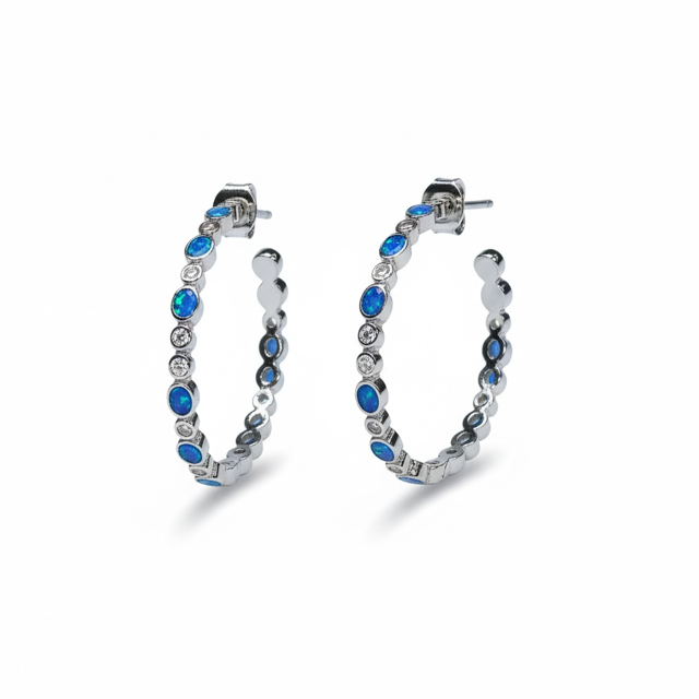 925 Silver Lab Grown Blue Opal half hoop Earrings, mix of opal and cz stone- 22350-k5