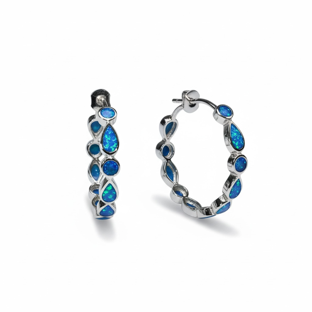925 sterling silver Lab Grown Blue Opal free shape hoop Earrings  50CENT SIZE -22454-k5