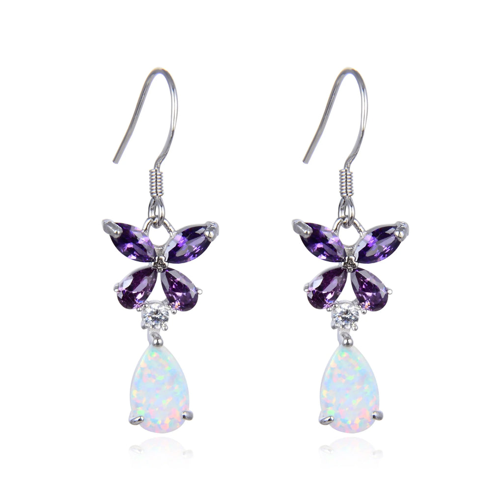 925 STERLING SILVER LAB GROWN WHITE OPAL & CZ AMETHYST FLOWER DROP EARRINGS-22456-K17