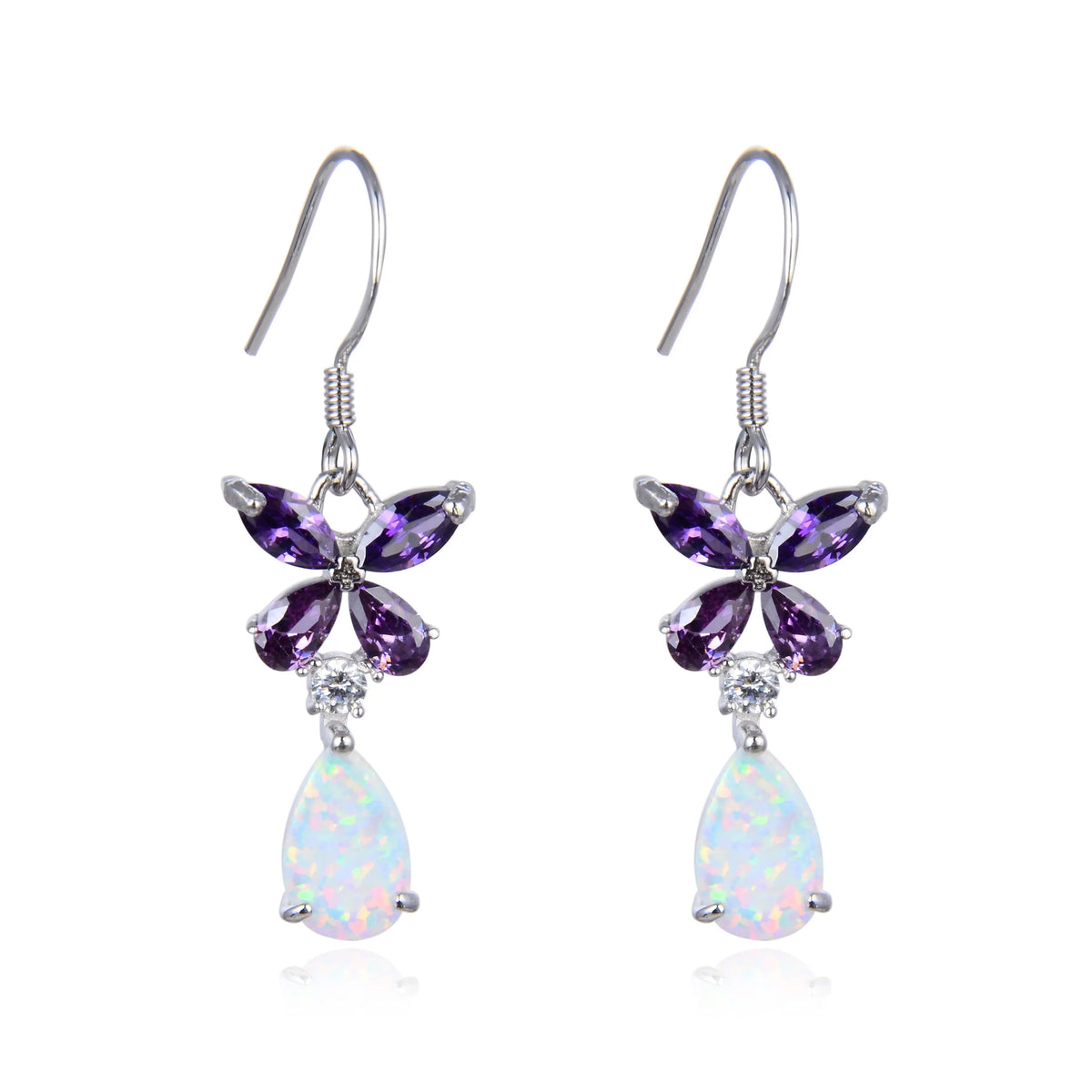 925 STERLING SILVER LAB GROWN WHITE OPAL & CZ AMETHYST FLOWER DROP EARRINGS-22456-K17