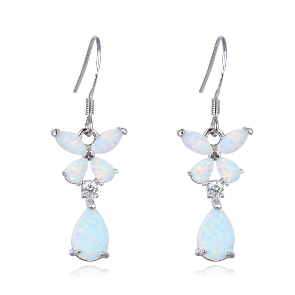 925 STERLING SILVER LAB GROWN WHITE OPAL & CZ AMETHYST FLOWER DROP EARRINGS-22456-K17