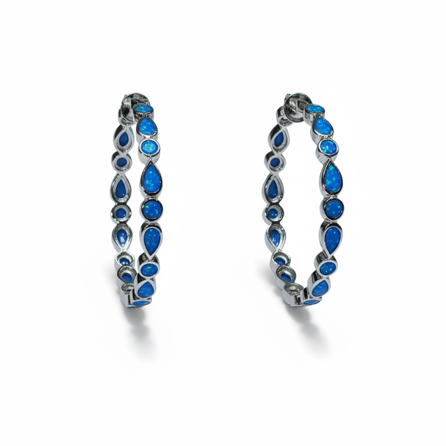 925 sterling silver Lab Grown inlaid setting Blue Opal free shape hoop Earrings $1 COIN SIZE -22470-k5