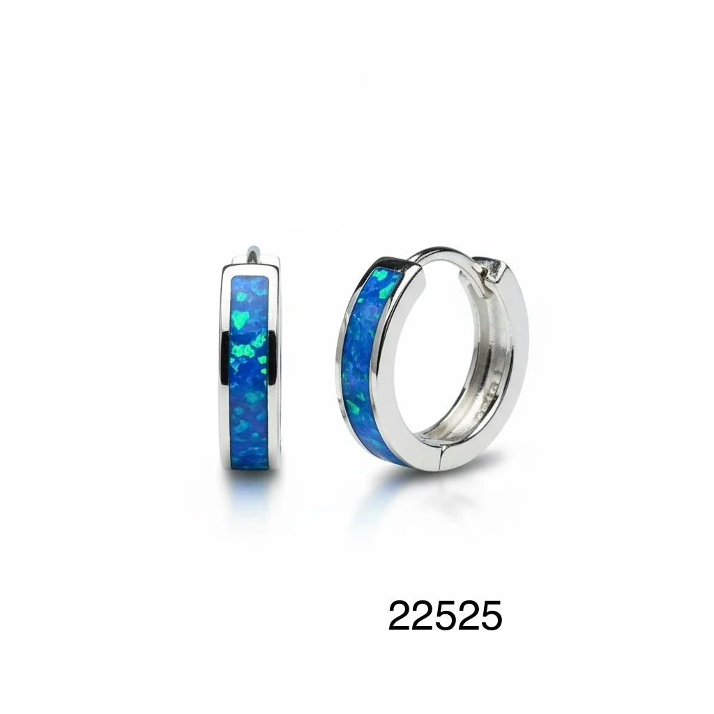 925 sterling silver Lab Grown Inlaid Blue Opal hoop Earrings Huggies  style 5 CENT COIN SIZE -22525-k5