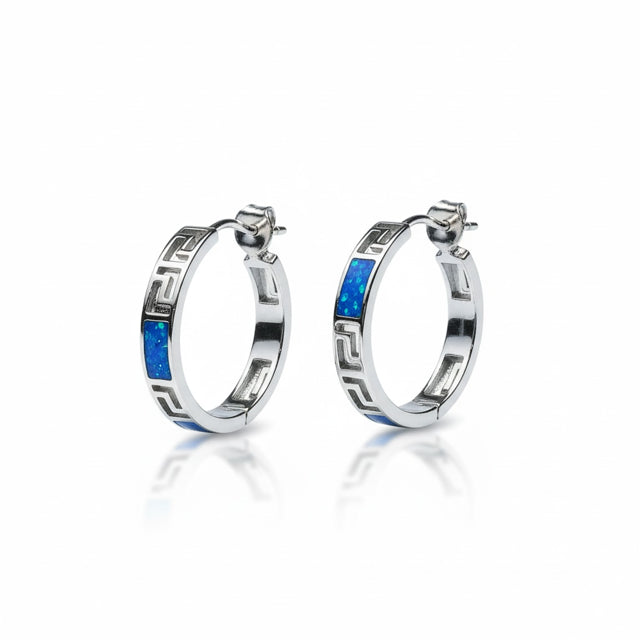 925 sterling silver Lab Grown Blue Opal hoop Earrings Greek key style  $0.25 COIN SIZE -22537-k5
