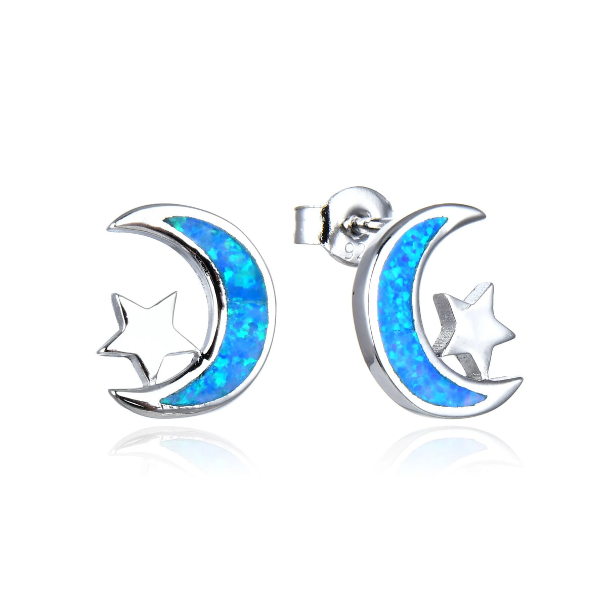 925 Sterling Silver Lab Grown Blue Opal moon & star stud Earrings -22584-k5