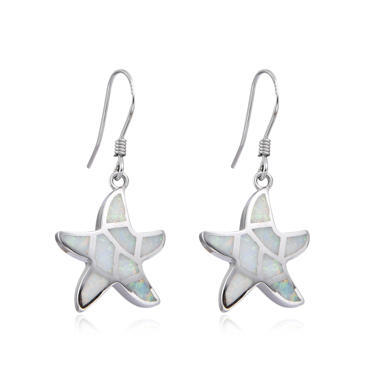 925 Sterling Silver Lab Grown White Opal Starfish Earrings - 22957-k17