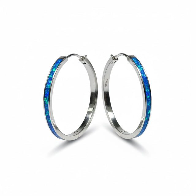 925 sterling silver Lab Grown Blue Opal hoop Earrings $1 COIN SIZE -22OP73A-k5