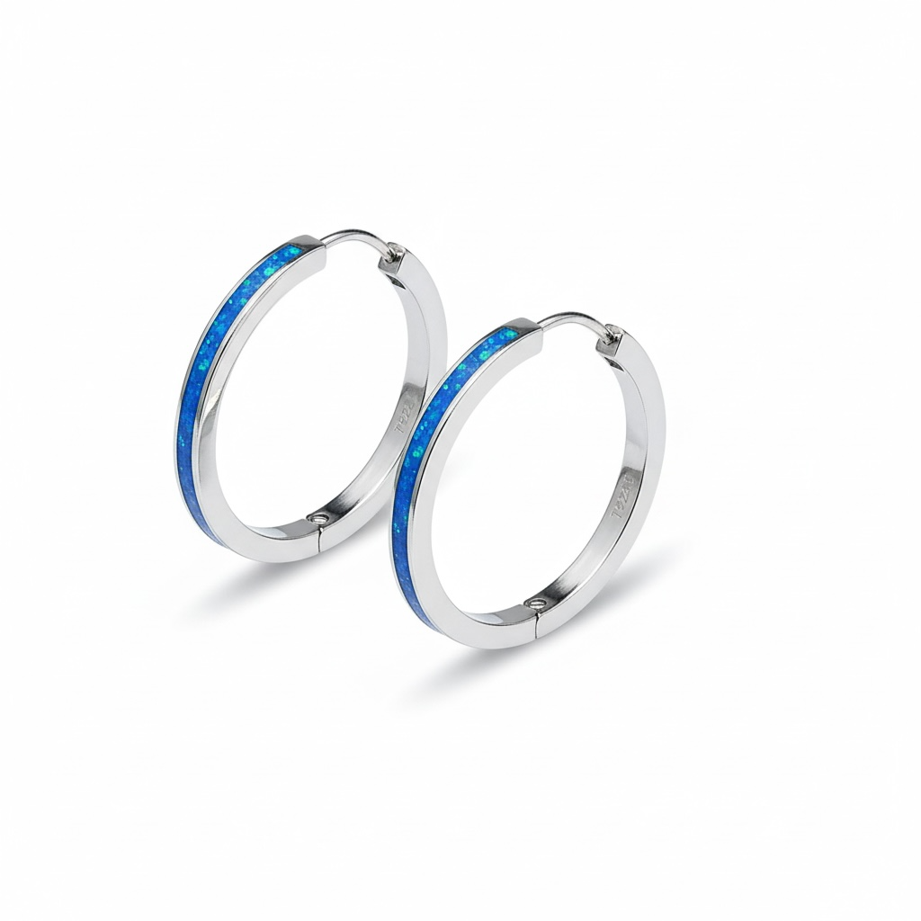 925 sterling silver Lab Grown Blue Opal huggins style hoop Earrings  50CENT SIZE -22op73B