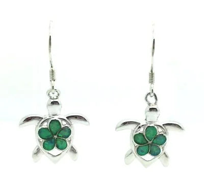 22op76- k5-925 Sterling Silver Lab Grown Blue Opal Turtle Hawaiian Flower Earrings - 22op76-k5