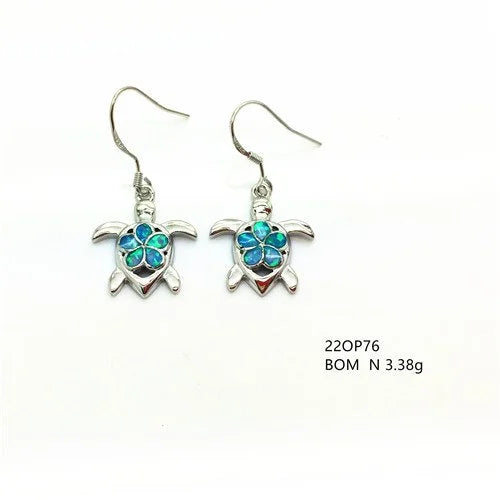 22op76- k5-925 Sterling Silver Lab Grown Blue Opal Turtle Hawaiian Flower Earrings - 22op76-k5