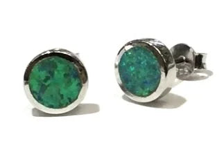 925 Sterling Silver Lab Grown Blue opal round bezel setting 10mmstud earrings -22op85-k5