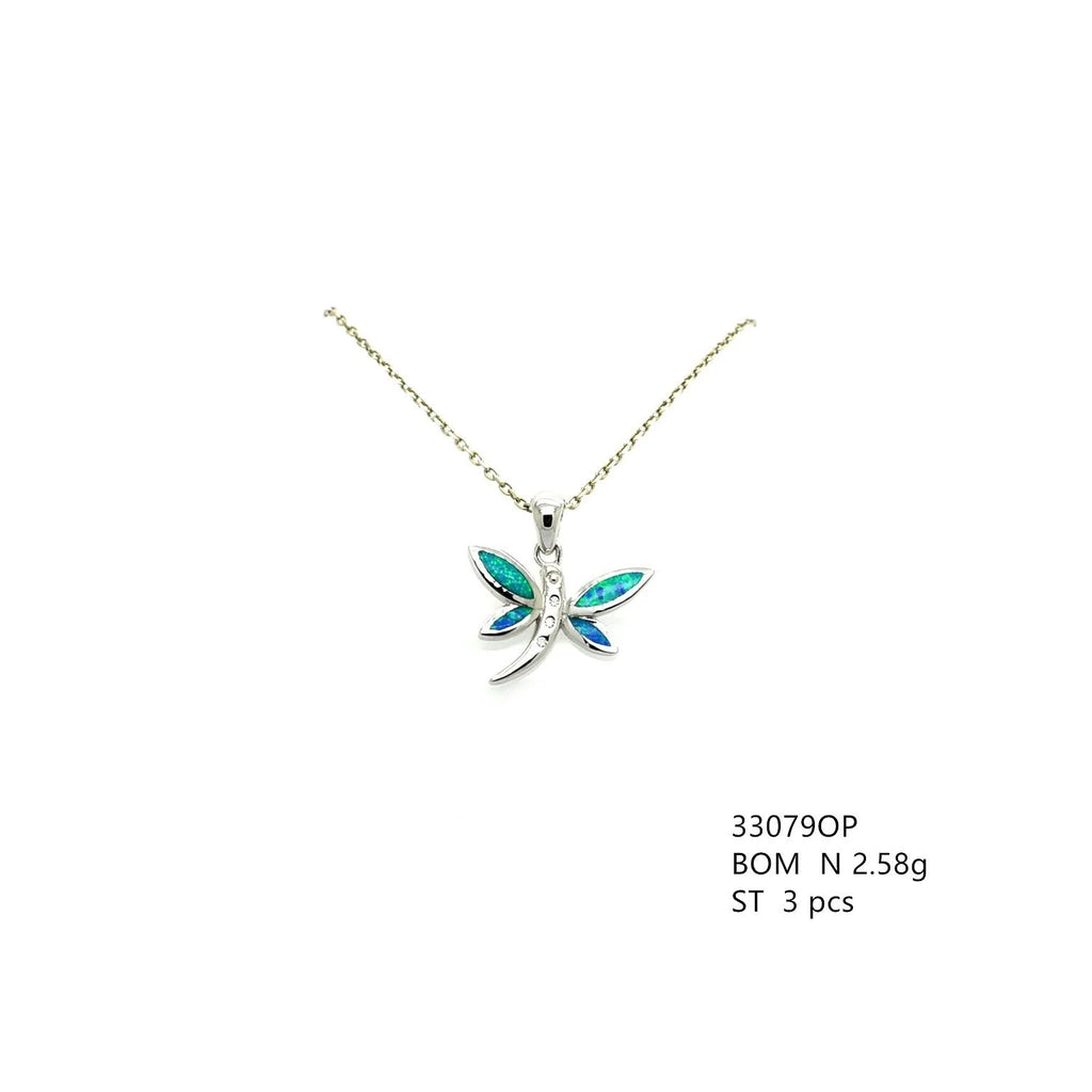 925 Sterling Silver Lab Grown Blue Opal Dragonfly Pendant,33079-k5