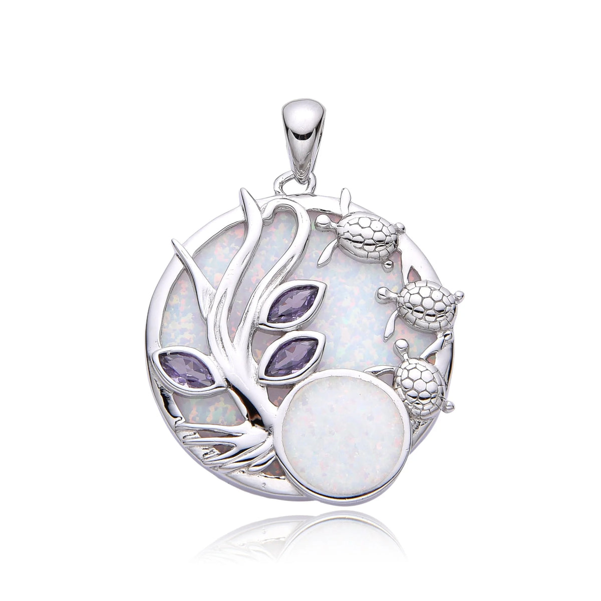 925 Sterling Silver Lab Grown White  Opal  Turtle , palm tree  Pendant-331013-k17