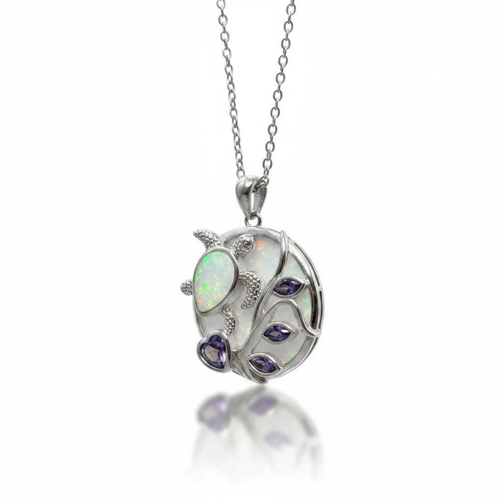 925 Sterling Silver Lab Created inlaid Blue Opal turtle , heart Pendant - 331021-k5