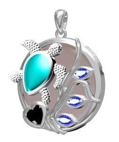 925 Sterling Silver Lab Grown white  Opal Large COIN ROUND Turtle Pendant-331021-K17