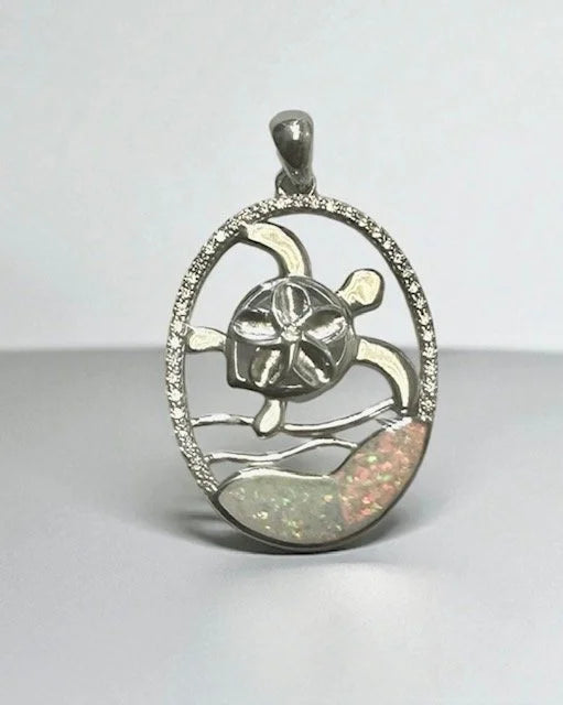 925 Sterling Silver Lab Grown White  Opal  Turtle  Pendant-331084-k17