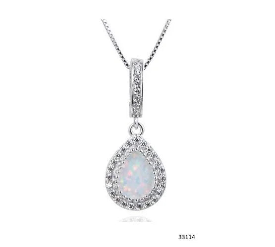 925 STERLING SILVER LAB GROWN WHITE FIRE OPAL PEAR SHAPE PENDANT-33114-K17