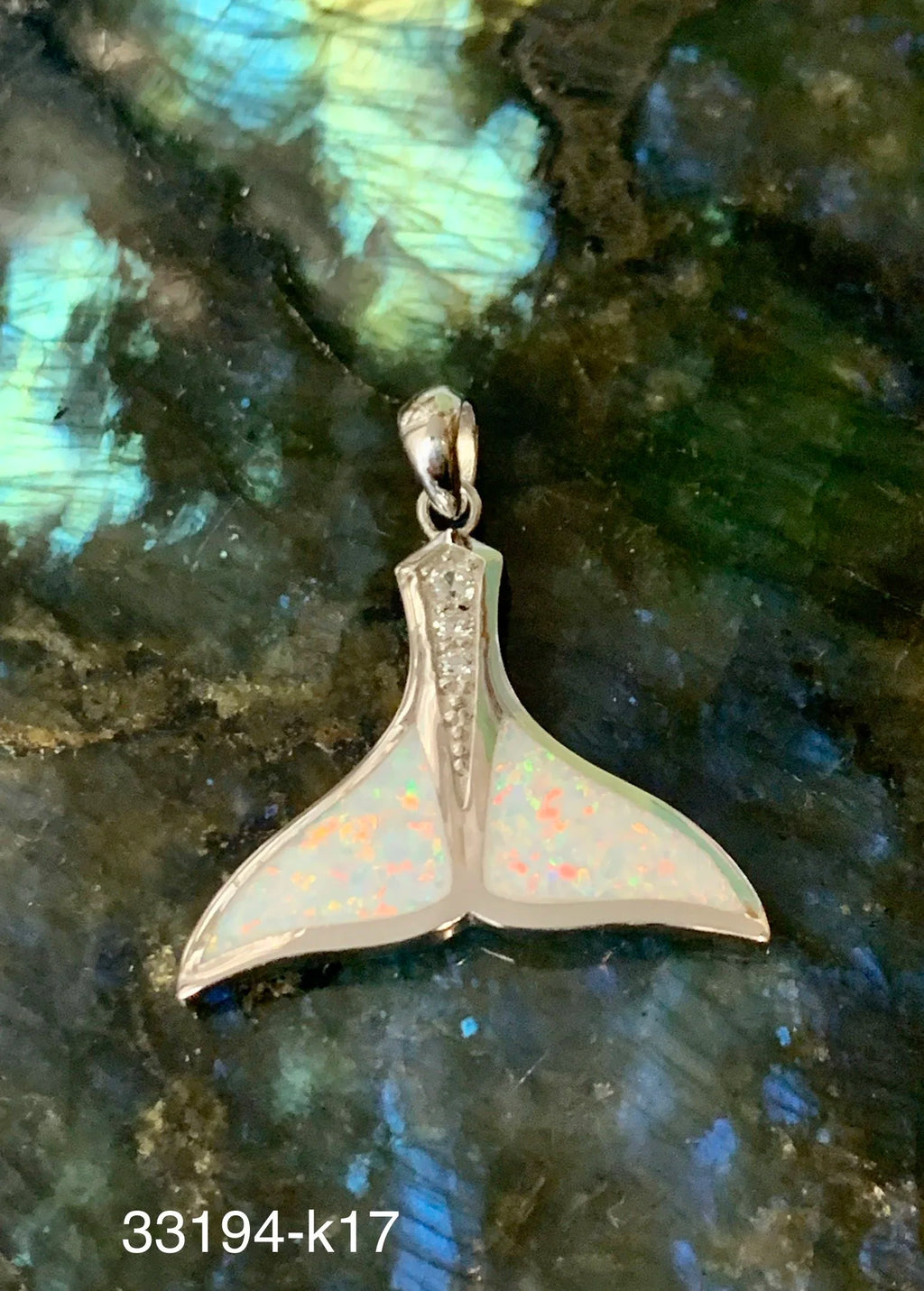 925 Sterling Silver Lab Grown Blue Opal Whale tail Pendant-33194-k5