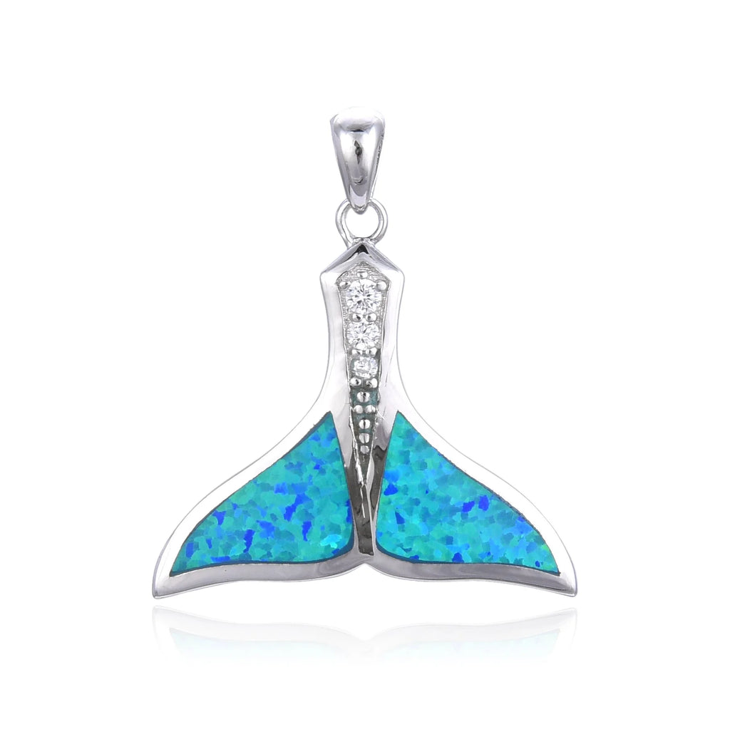 925 Sterling Silver Lab Grown Blue Opal Whale tail Pendant-33194-k5