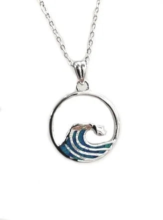 925 Sterling Silver Lab Grown Blue opal Wave Pendant-33292-k5