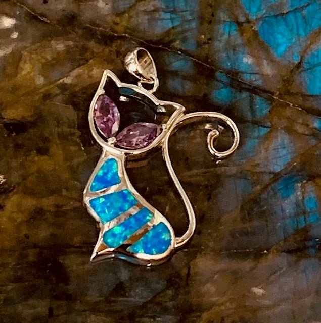 925 Sterling Silver Lab Grown Blue Opal and cz Amethyst Cat Pendant-33474-k5