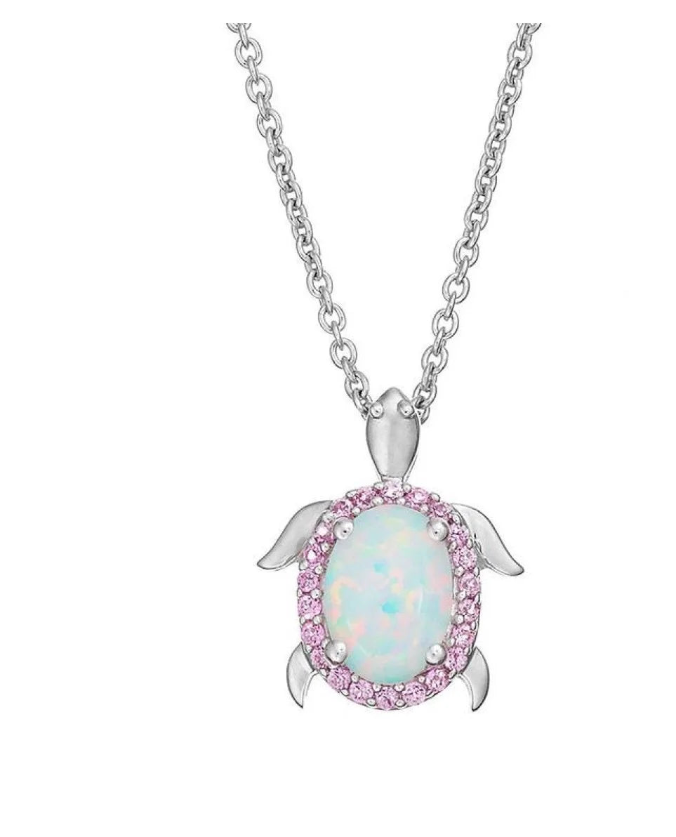 925 Sterling Silver prong set, White and Blue Opal Turtle Pendant-33549-k5, 1 inch