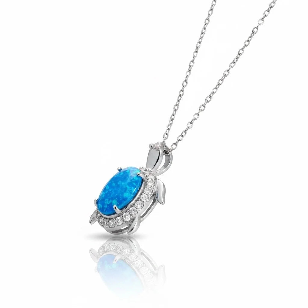925 Sterling Silver prong set, White and Blue Opal Turtle Pendant-33549-k5, 1 inch