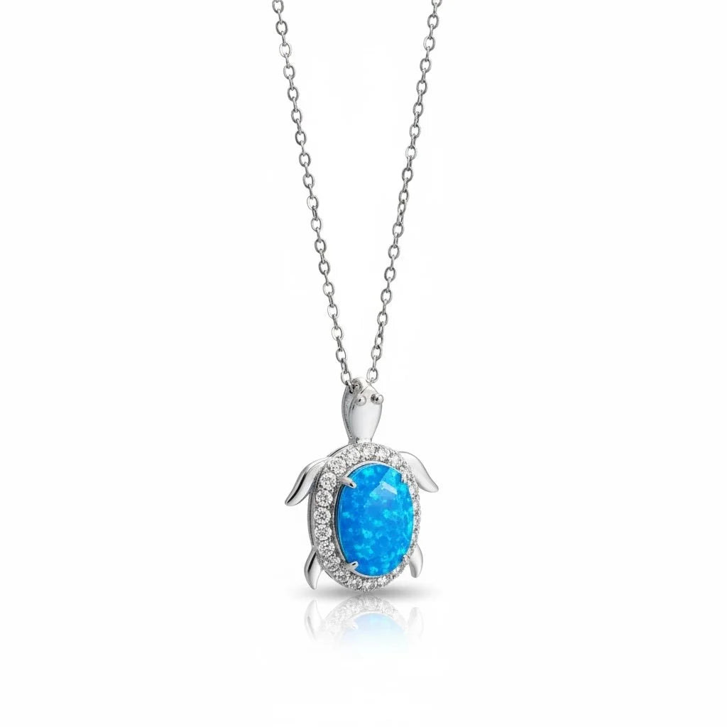 925 Sterling Silver prong set, White and Blue Opal Turtle Pendant-33549-k5, 1 inch