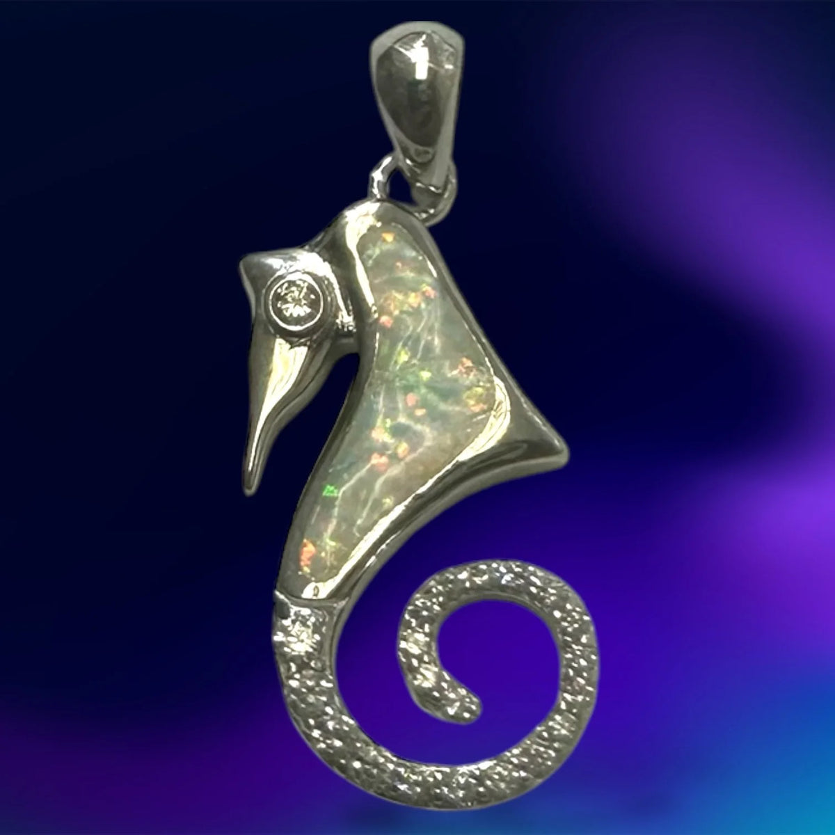 925 Sterling Silver Lab Grown Blue Opal  Sea Horse Pendant-33985-k5