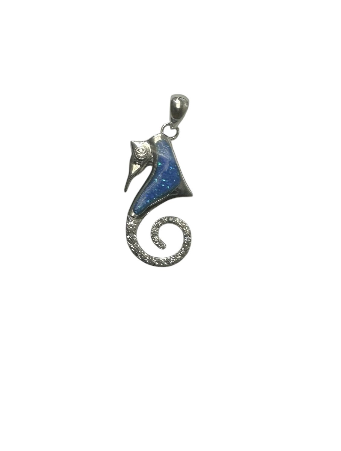 925 Sterling Silver Lab Grown Blue Opal  Sea Horse Pendant-33985-k5