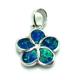 925 Sterling Silver Lab Grown Blue  and white Opal 10mm Plumeria Flower Pendant-33op01-10