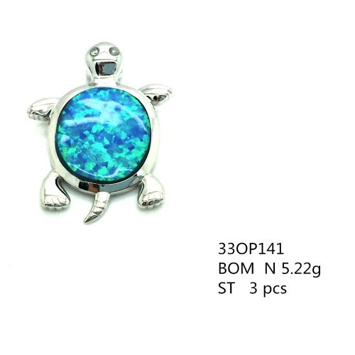 925 Sterling Silver Lab Grown Blue Opal Large Turtle Pendant-33op141-k5