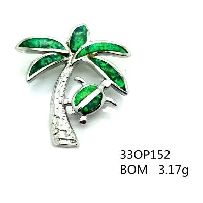 33OP152-K5-925 Sterling Silver Lab Grown Blue Opal Palm tree Turtle Pendant-33op152-k5