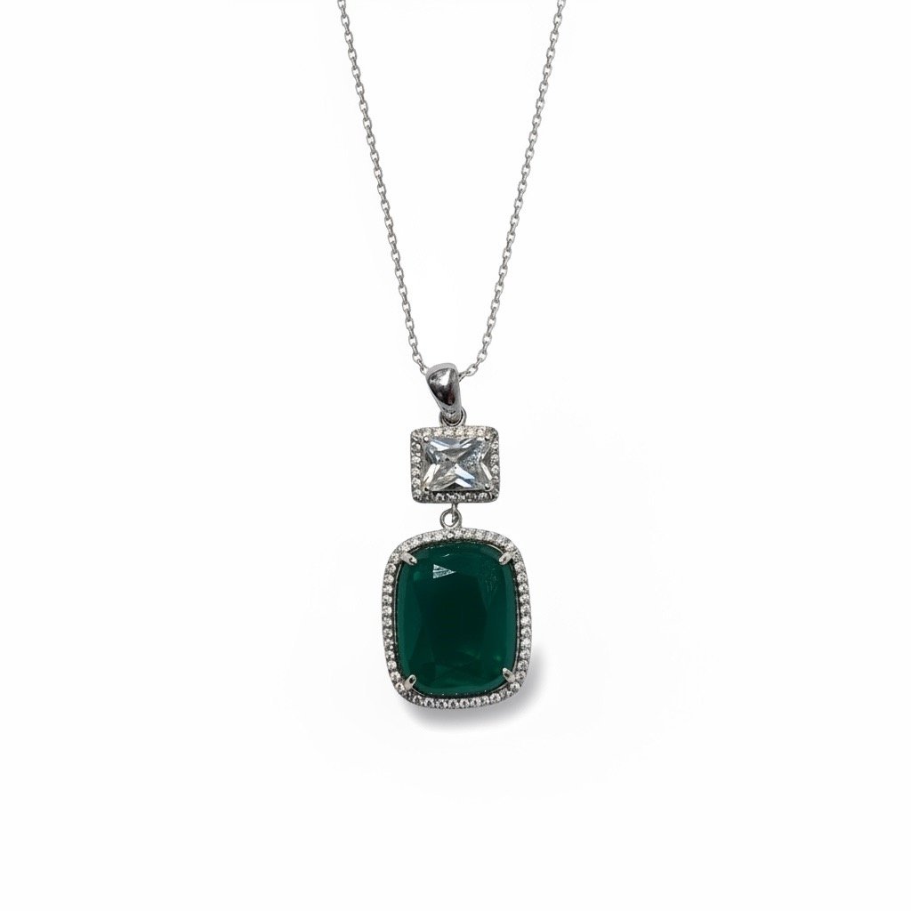925 Sterling Silver Green Agate Halo style cushion cut gemstone pendant-33st29-agt