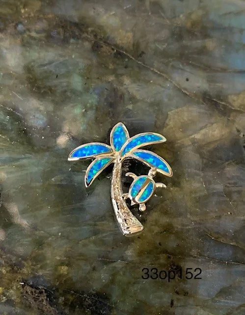 33OP152-K5-925 Sterling Silver Lab Grown Blue Opal Palm tree Turtle Pendant-33op152-k5