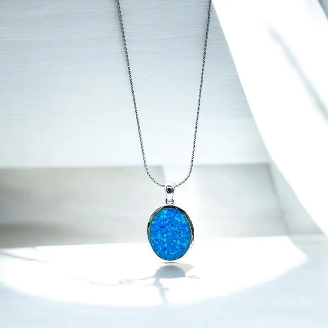 925 STERLING SILVER LAB GROWN BLUE OPAL OVAL CLASSIC PENDANT-33OP164-K5