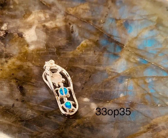 925 Sterling Silver Lab Grown Blue Opal Turtle on Sandal pendant-33op35-k5