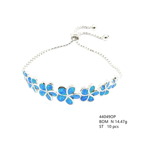 44049-K5-925 Sterling Silver Hawaiian Plumeria Flower Lab grown Blue opal bolo Brccelet - 44049-k5