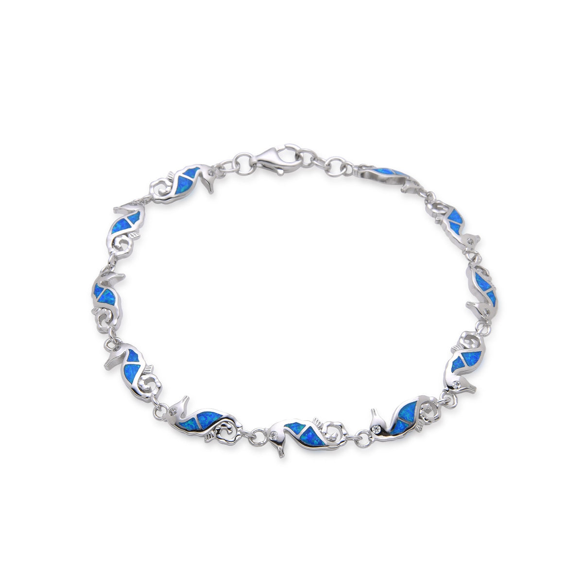 925 Sterling Silver Lab Grown Blue Opal Link inlaid  sea horse Bracelets-44236-k5