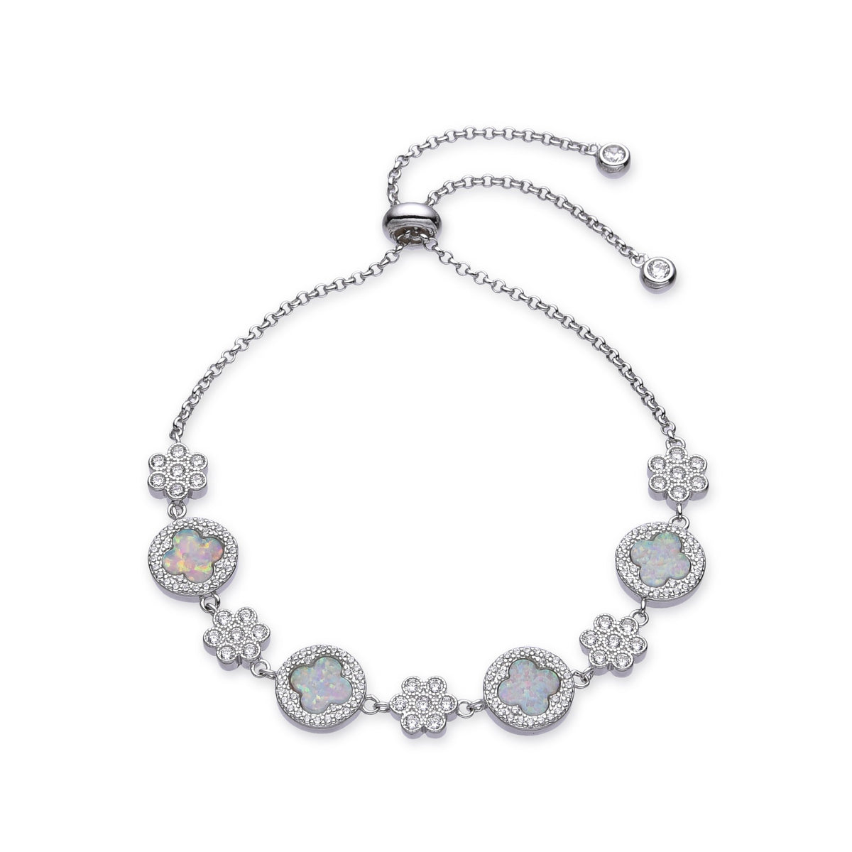 925 STERLING SILVER LAB GROWN BLUE & WHIT OPAL FLOWER BOLO ADJUSTABLE BRACELETS -44312-K5