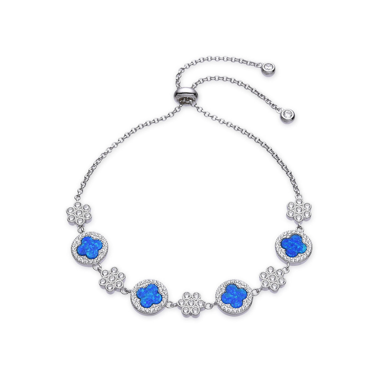 925 STERLING SILVER LAB GROWN BLUE & WHIT OPAL FLOWER BOLO ADJUSTABLE BRACELETS -44312-K5