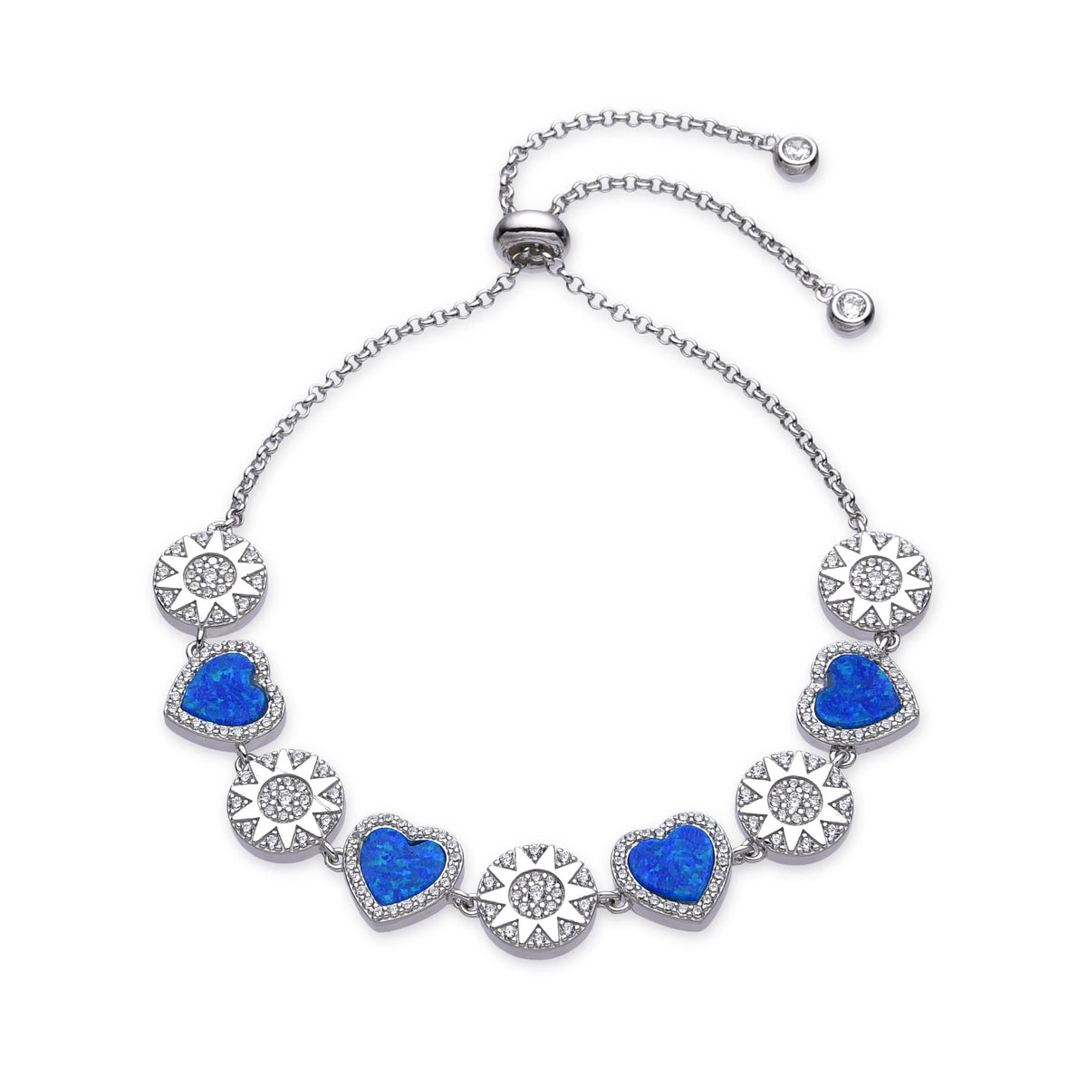 925 STERLING SILVER LAB GROWN BLUE & WHIT OPAL HEART BOLO ADJUSTABLE BRACELETS -44313-K5